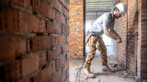 Worker is cutting wires with lineman's pliers copy space.